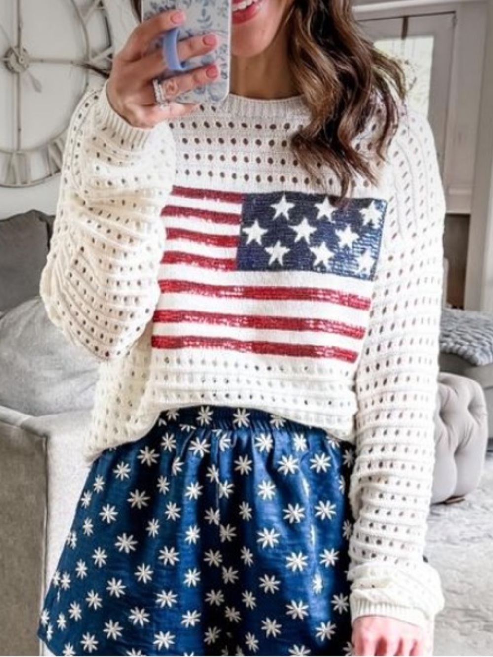 Crochet Knit Ivory Sweater with Sequin
American Flag Detail🚌